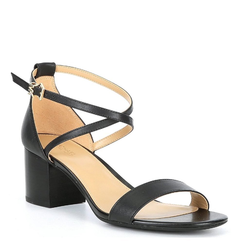 MICHAEL Michael Kors Black Leather Strappy Block Heel Sandals